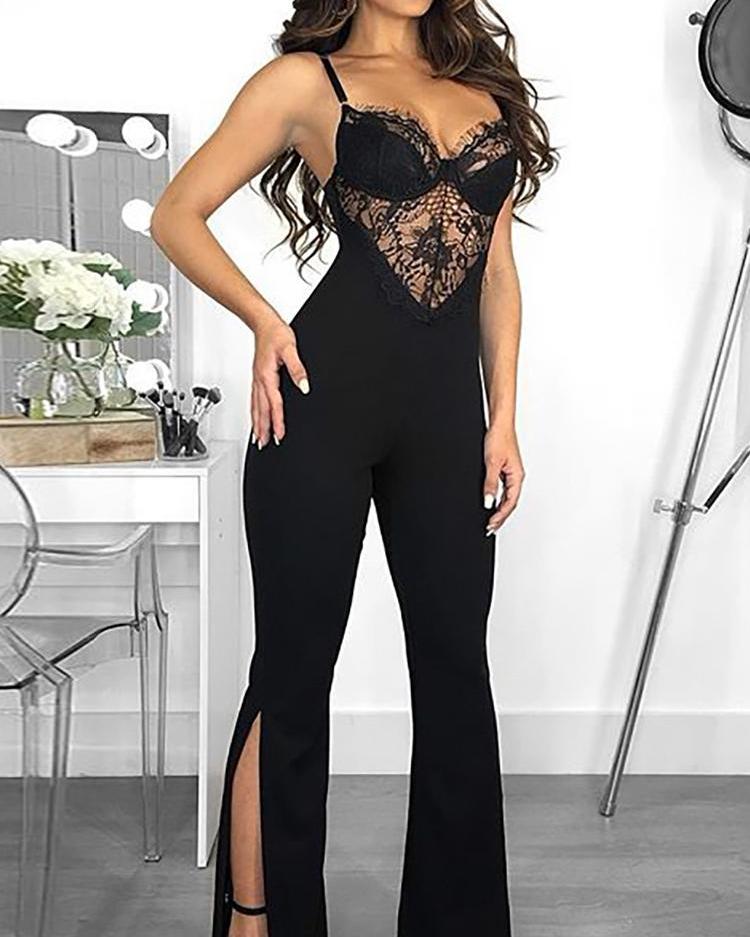 

Spaghetti Strap Eyelash Lace Bodice Jumpsuit, Black