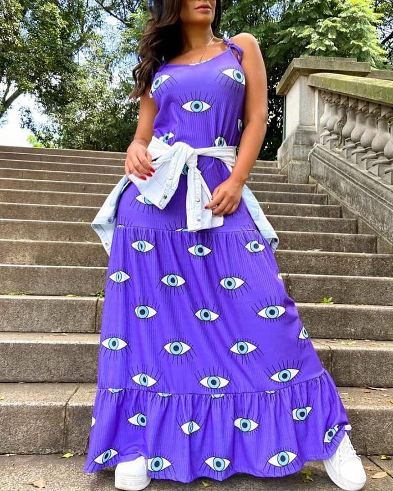

Eye Print V Neck Spaghetti Strap Maxi Dress, Blue