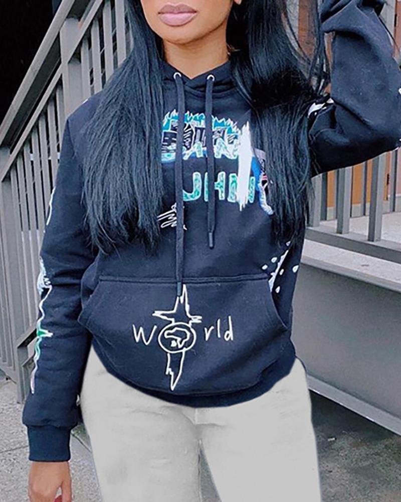 

Letter Cartoon Print Pocket Design Hoodie, Black