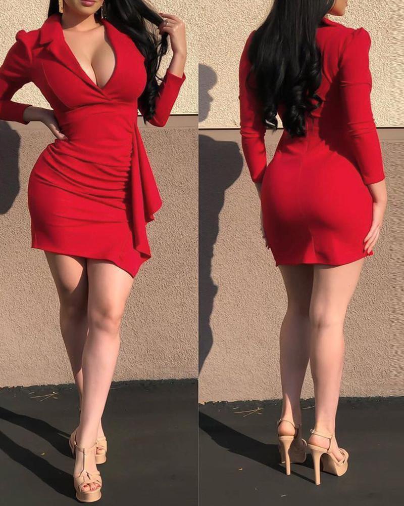 

Plain Puff Sleeve Ruffle Hem Bodycon Dress, Red