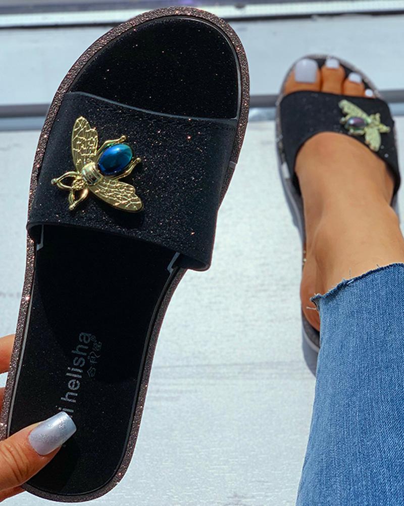 

Animal Pattern Glitter Flat Sandals, Black