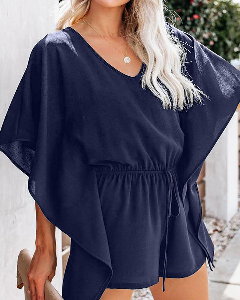 

Ruffles Trim Drawstring Casual Romper, Dark blue