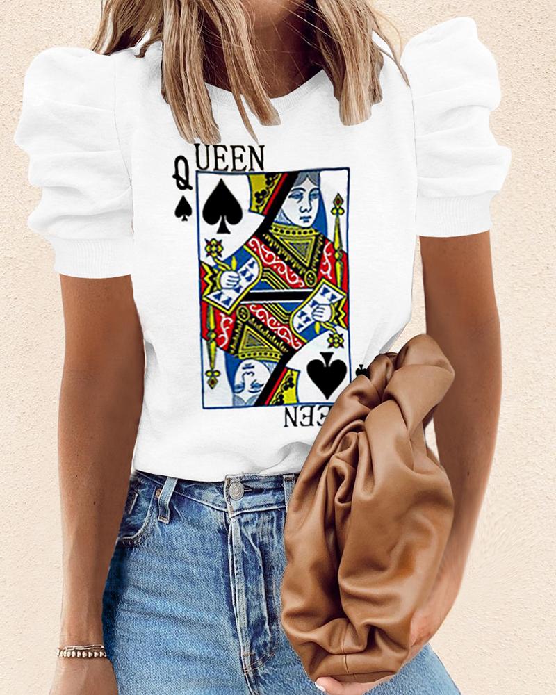 

Puffed Sleeve Poker Print Short Sleeve Top, White