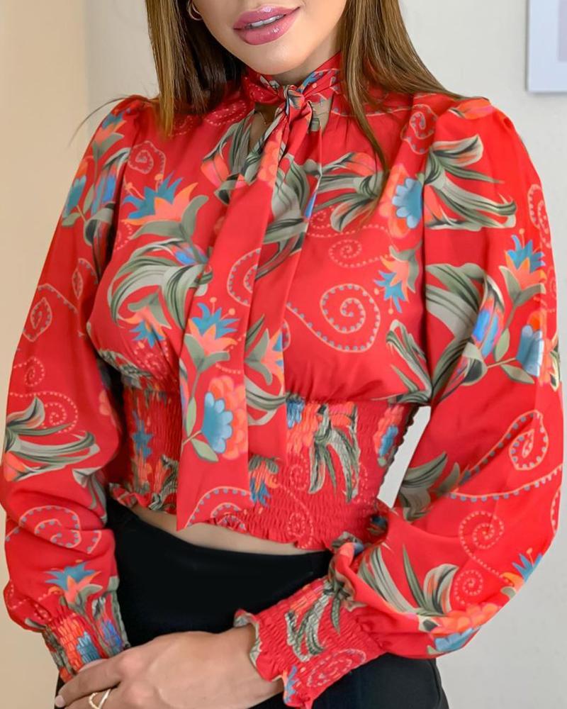 

Floral Print Tie Neck Blouse, Red