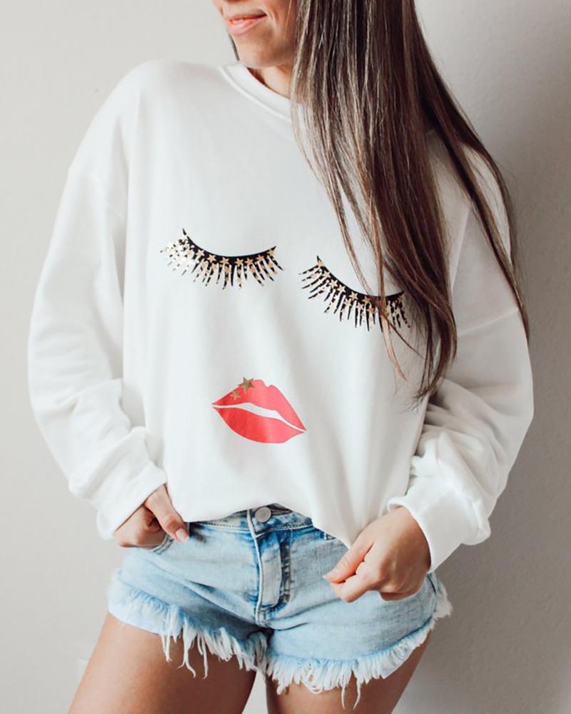 

Lip / Skull / Cheetah / Eyelash Print Casual Sweatshirt, Style4