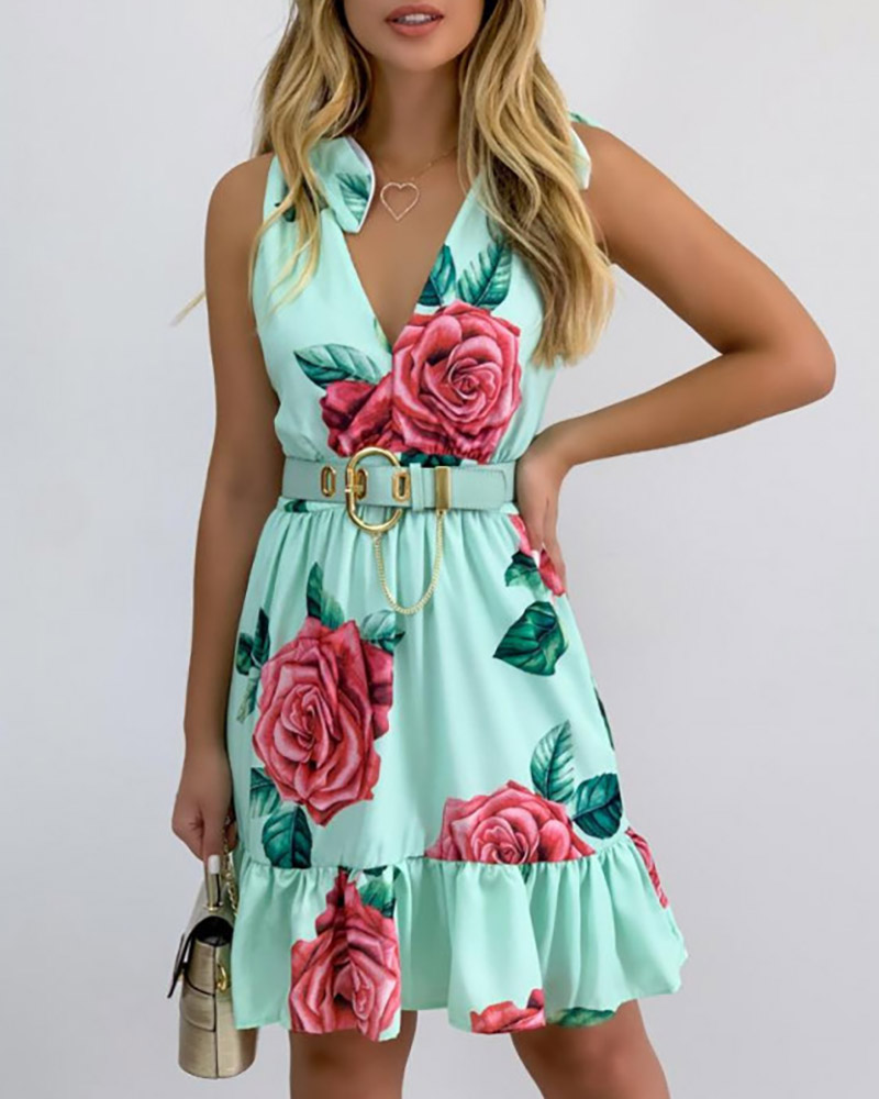 

Floral Print Sleeveless Dress, Green