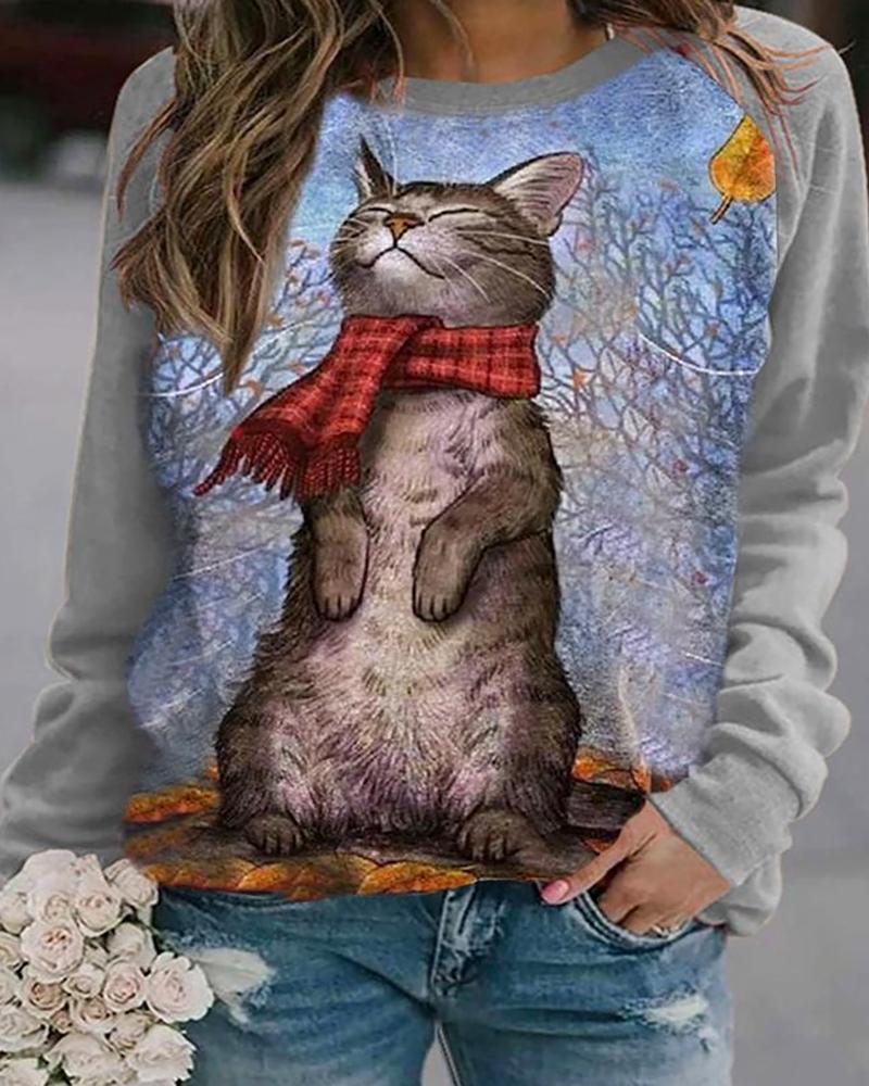 

Cat Graphic Print Long Sleeve Top, Gray