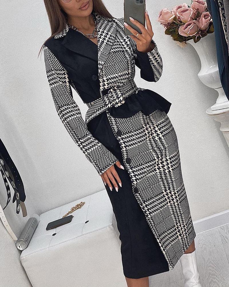 

Houndstooth Button Design Long Sleeve Dress, Black