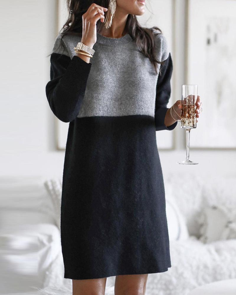

Colorblock Long Sleeve Casual Midi Dress, Black