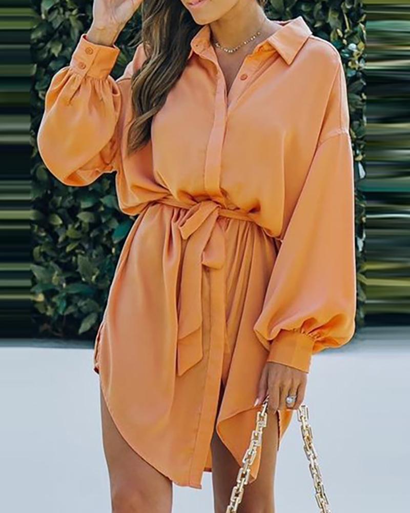 

Lantern Sleeve Buttoned Tied Detail Shirt Dress, Orange