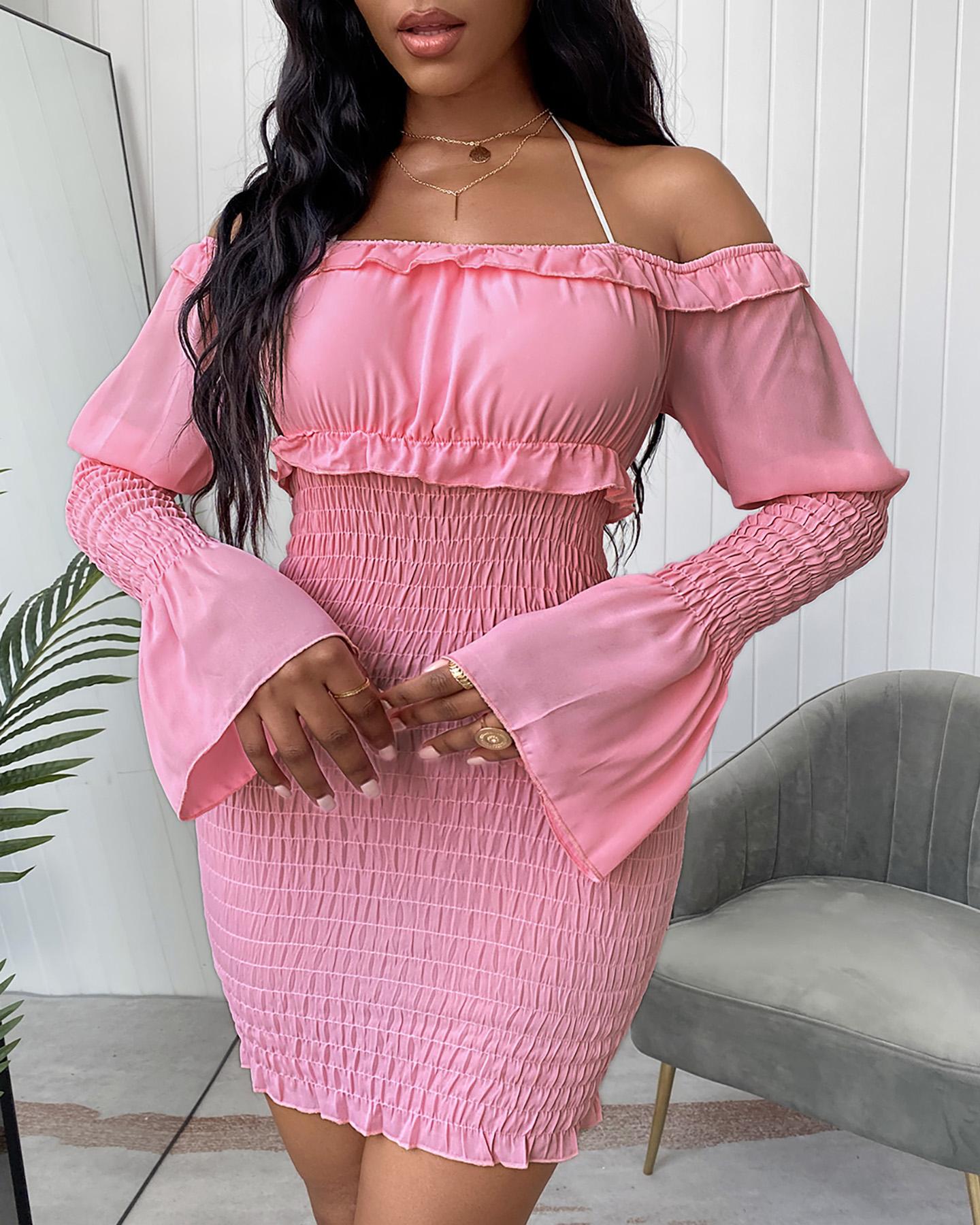 

Halter Shirring Detail Bell Sleeve Bodycon Dress, Pink