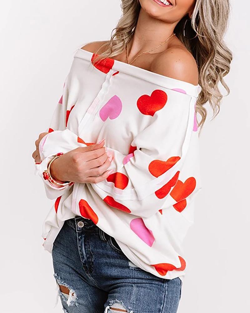 

Heart Print Long Sleeve T-Shirt, White
