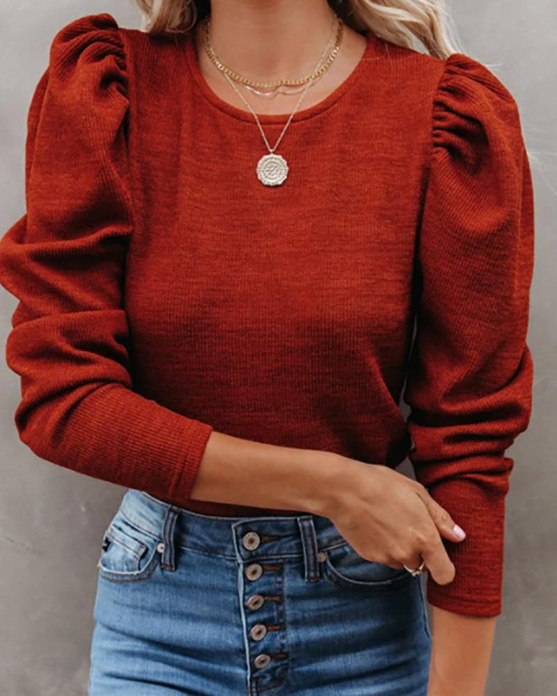 

Puff Sleeve Plain Knit Long Sleeve Top, Wine red