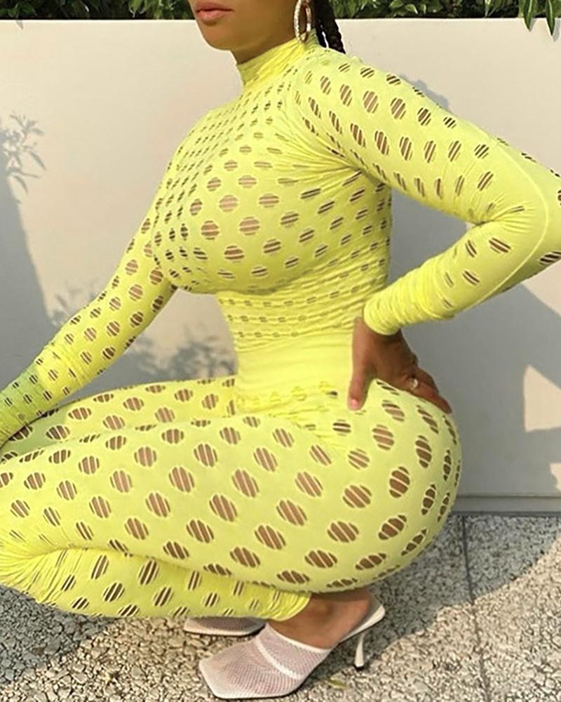

Plain Hollow-out Long Sleeve Top & High Waist Pants Set, Yellow