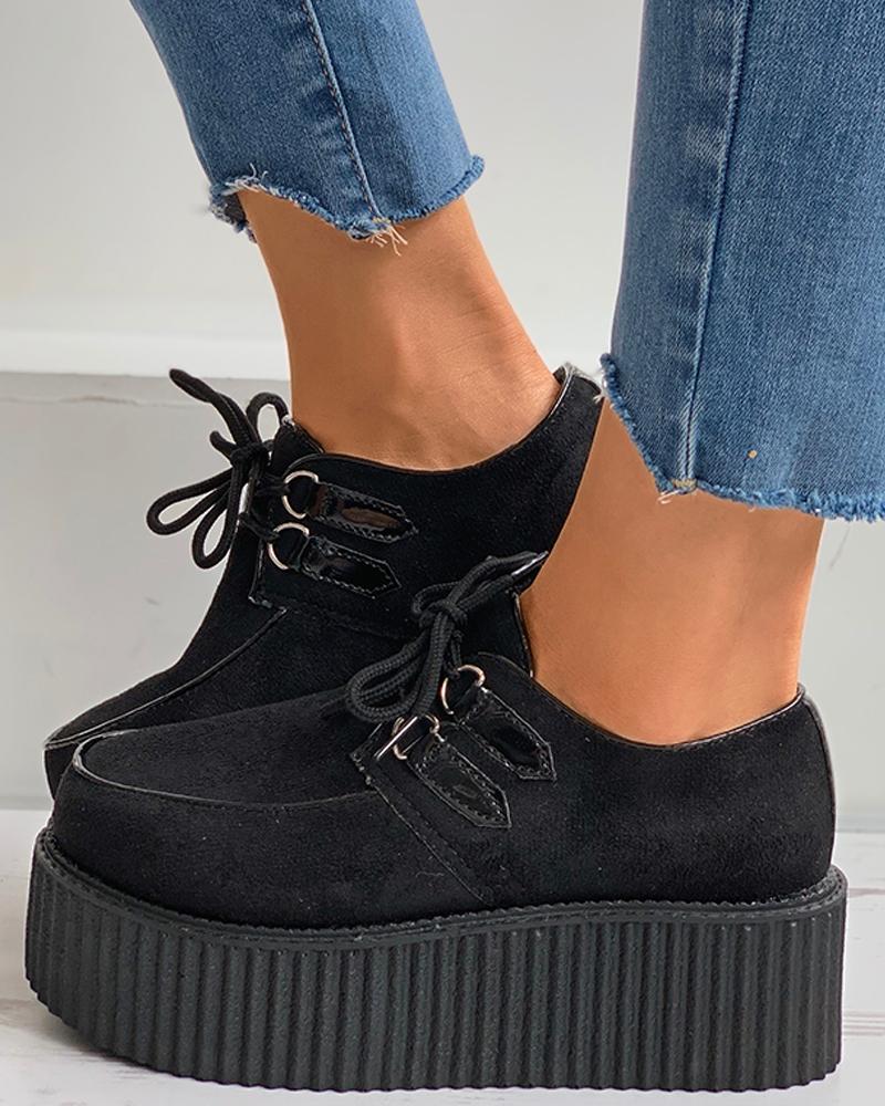 

Plain / Cheetah / Zebra Eyelet Lace-up Muffin Shoes, Black