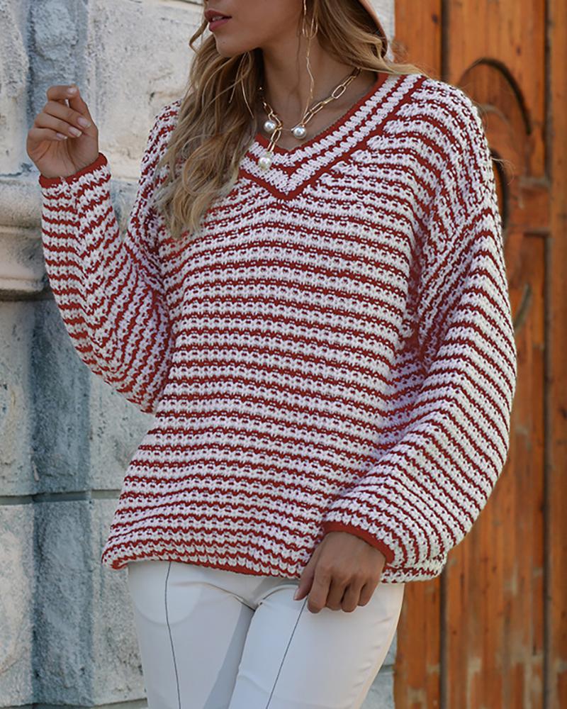 

Striped Long Sleeve Casual Sweater, Red