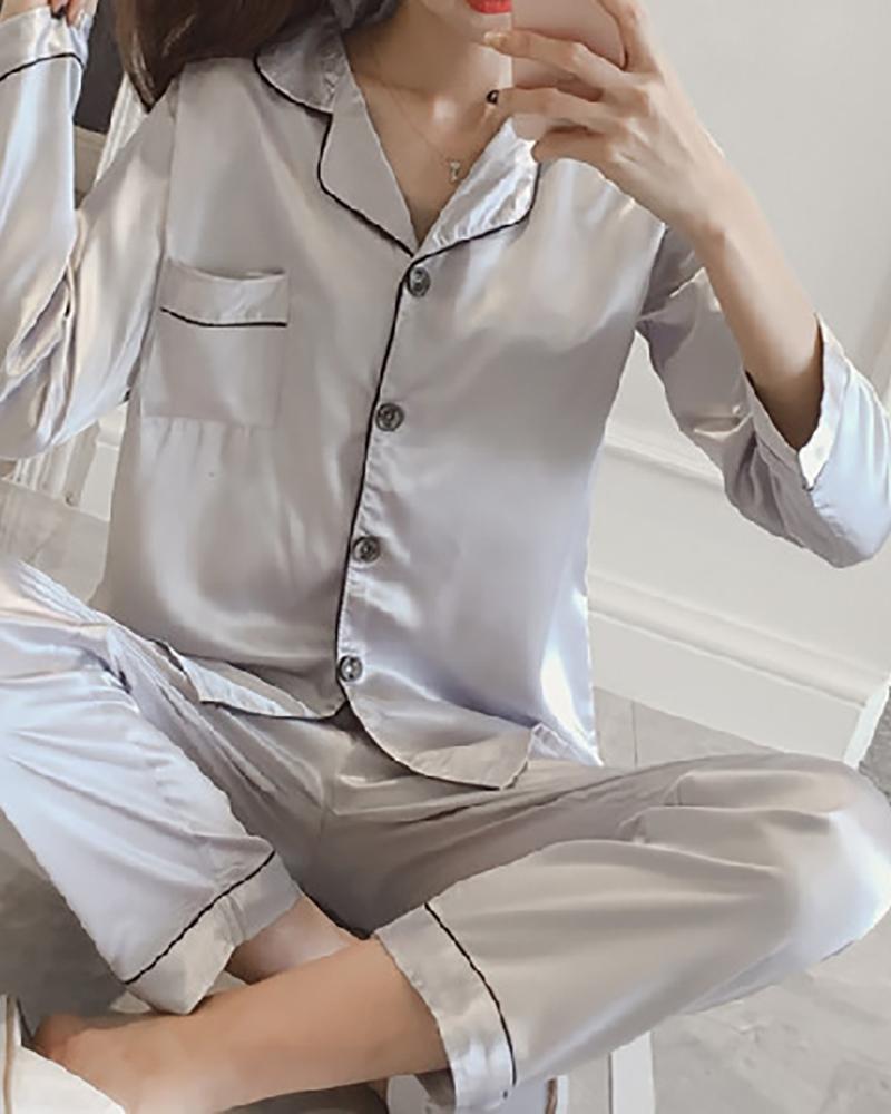 

Contrast Binding Button Front Satin Pajama Set, Silver