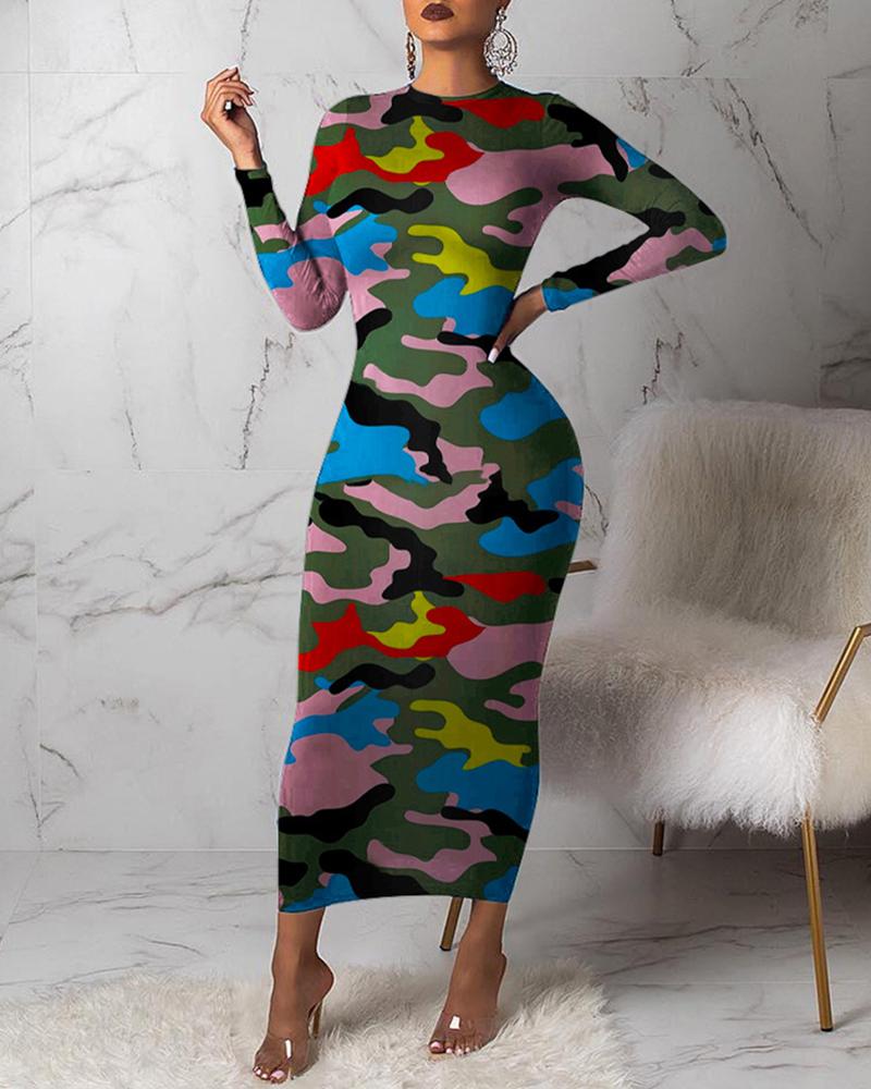 

Camouflage Round Neck Long Sleeve Dress, Multicolor