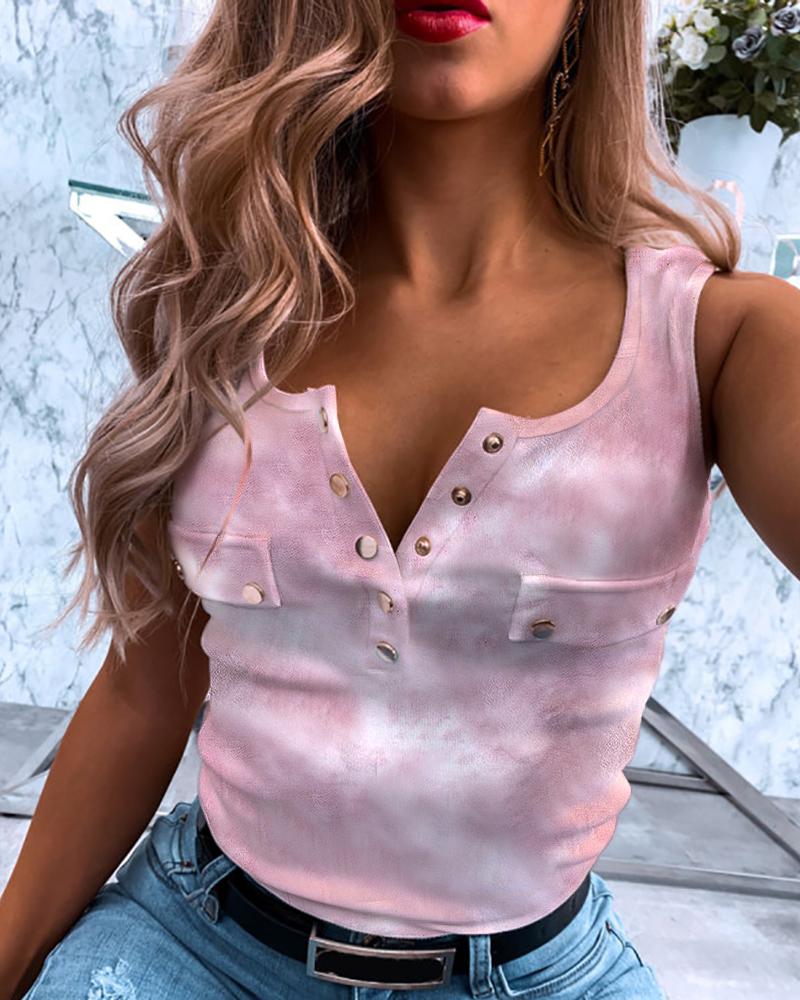 

Tie Dye Print Buttoned Design Sleeveless Top, Pink