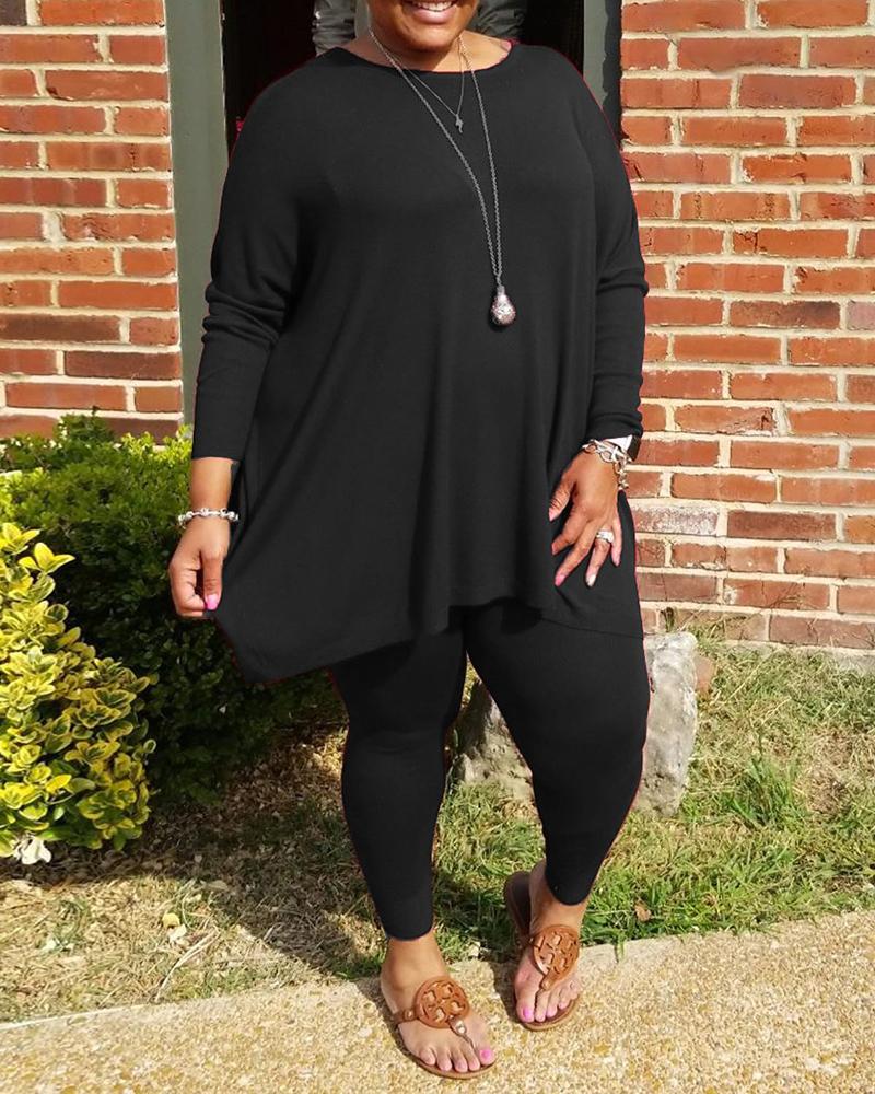 

Plus Size Plain Long Sleeve Casual Top & Pants Set, Black
