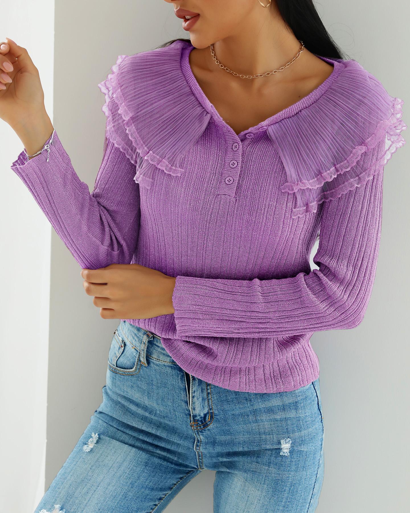 

Sheer Mesh Ruffles Trim Glitter Top, Purple