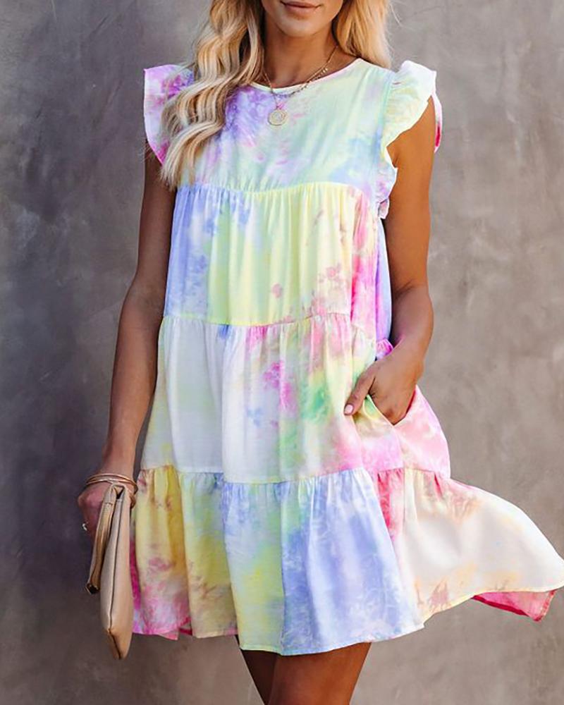 

Tie Dye Print Pocket Design Flutter Sleeve Dress, Multicolor