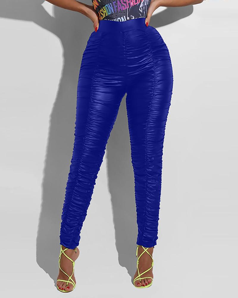 

High Waist Fold PU Leather Pants, Dark blue