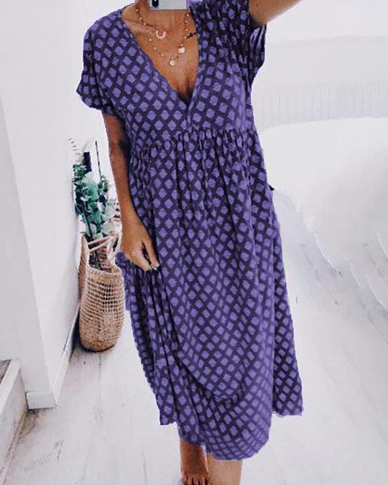 

Retro Print Pocket Design Plunge Casual Women Dress, Purple