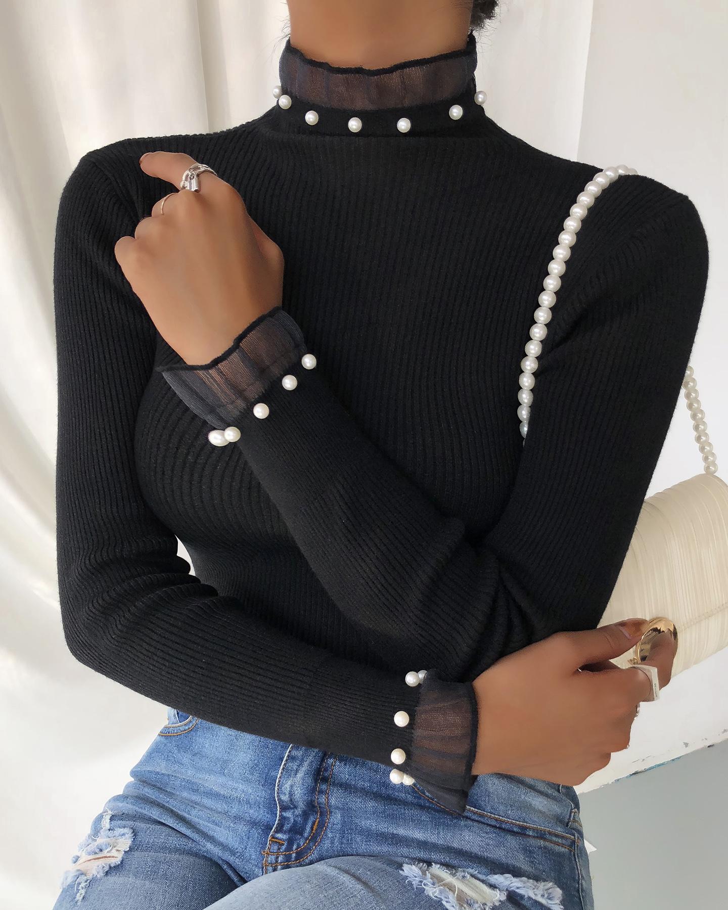 

Lace Trim Beaded Long Sleeve Knit Top, Black