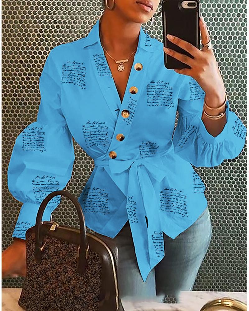 

Lantern Sleeve Buttoned Surplice Wrap Printed Blouse, Blue