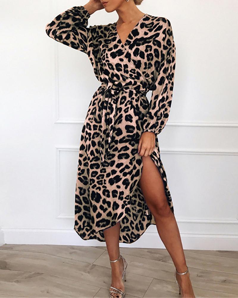 

Leopard Printed Long Sleeve Dress, Apricot