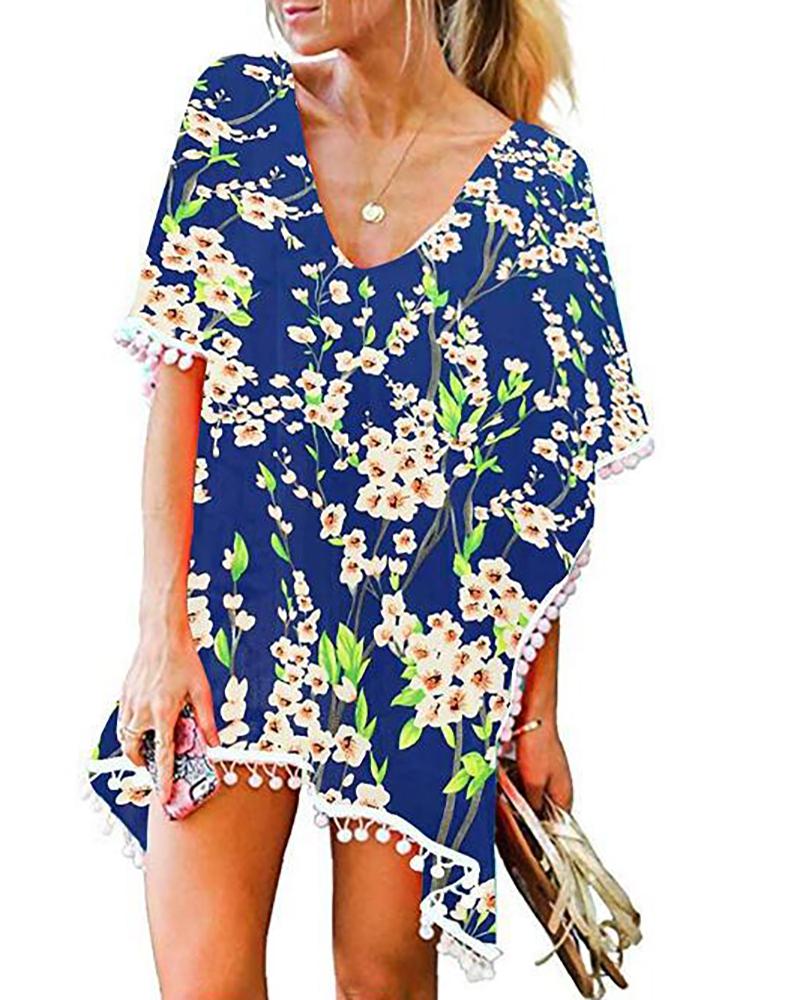 

Tie Dye / Floral / Palm Tree Print Pom Pom Cover Up, Dark blue