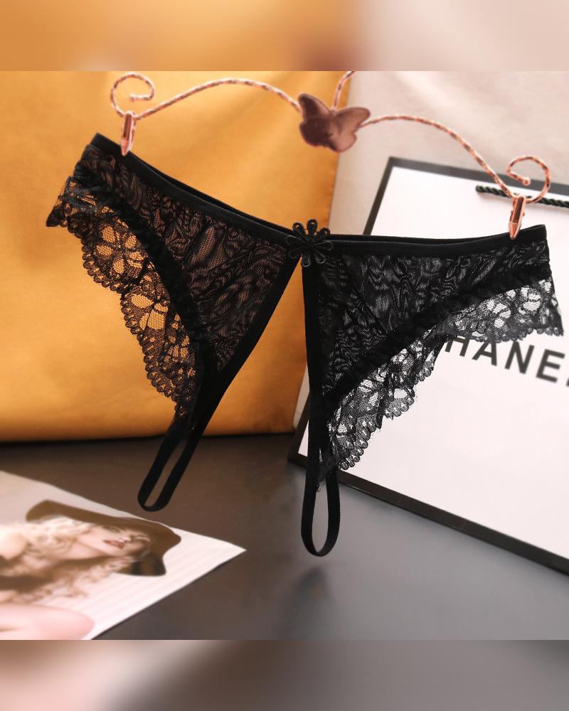

Solid Lace Contrast Skinny T-string Panties, Black
