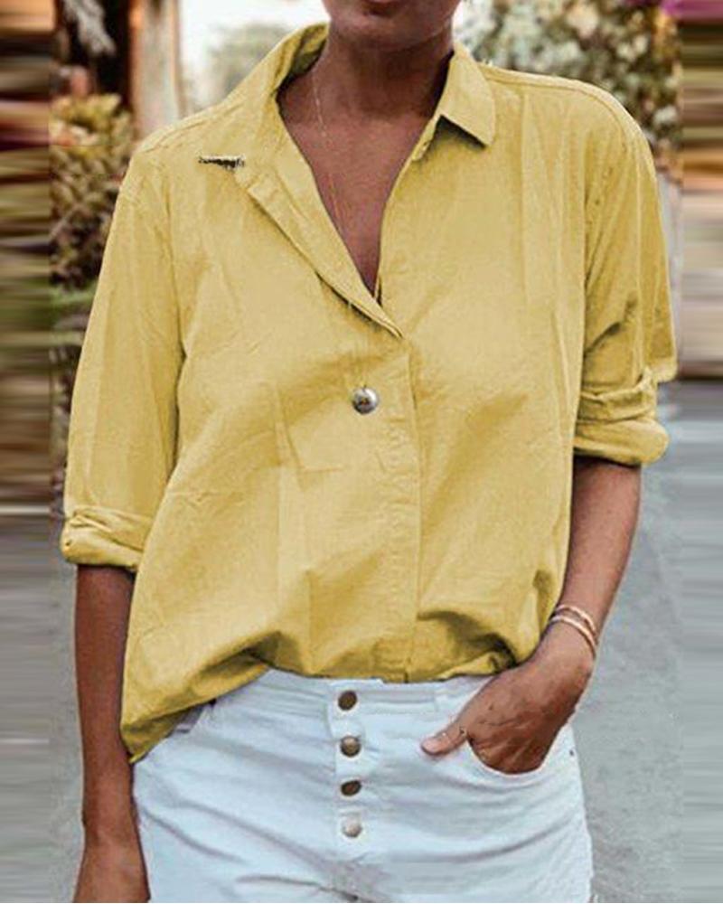 

Solid Color Button Down Women Blouse, Yellow