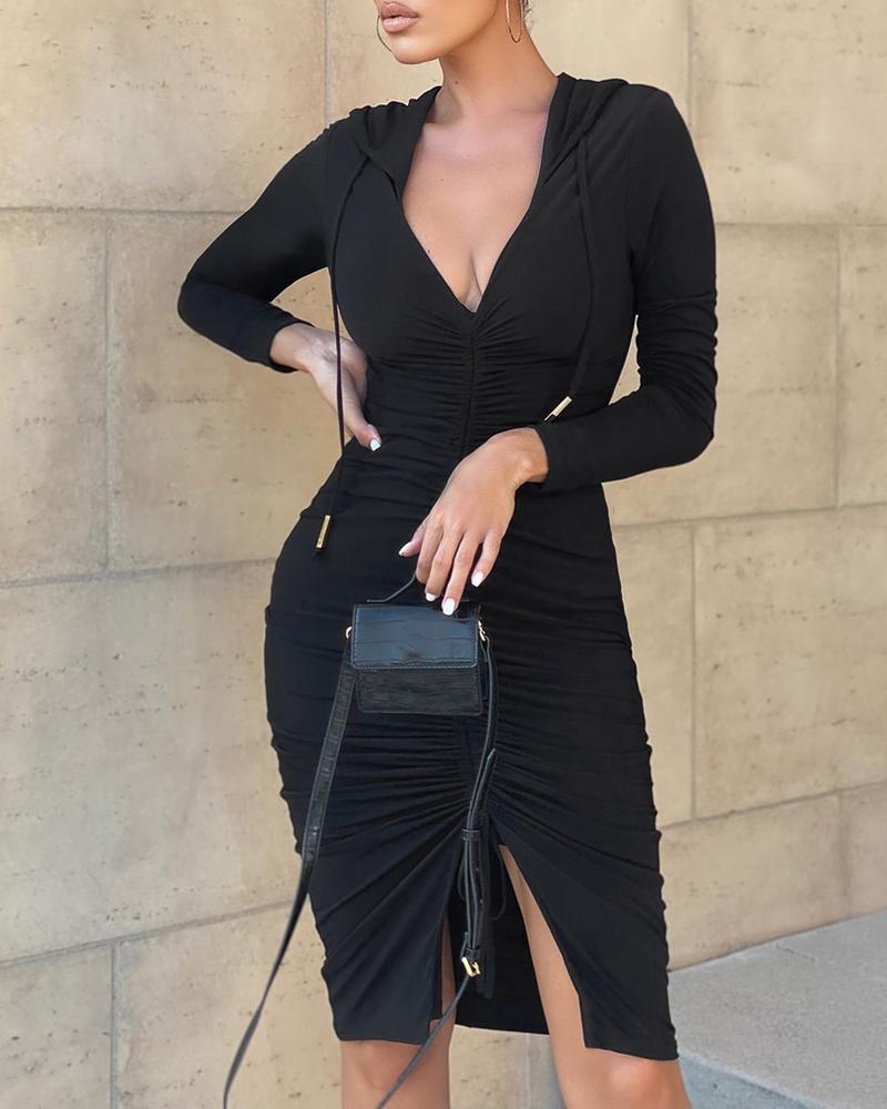 

Plain Plunge Slit Ruched Hooded Pencil Dress, Black