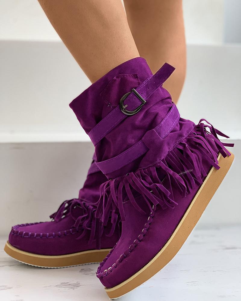 

Tassel Design Buckle Boots, Purple