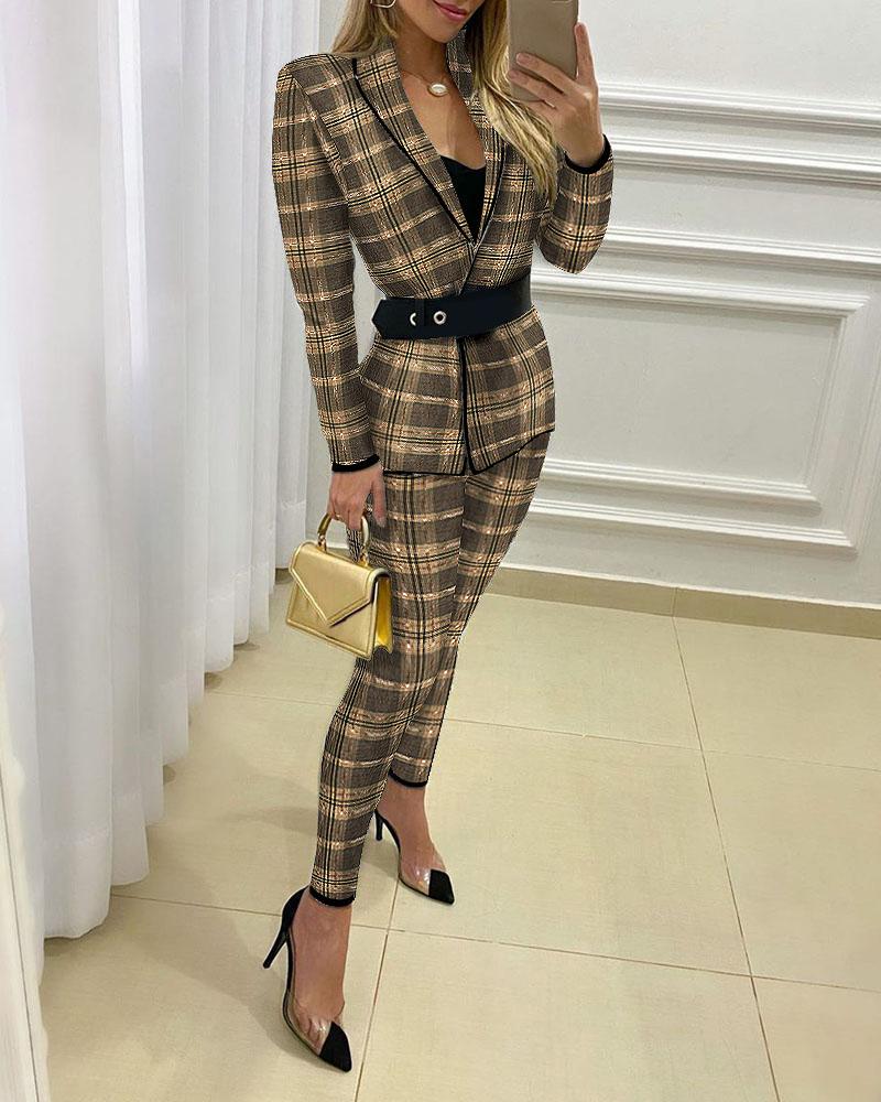 

Plaid Print Blazer Coat & Fitted Pants Sets, Brown