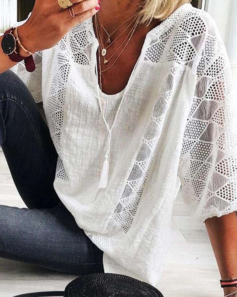 

Hollow Out Tassel Design Casual Blouse, White