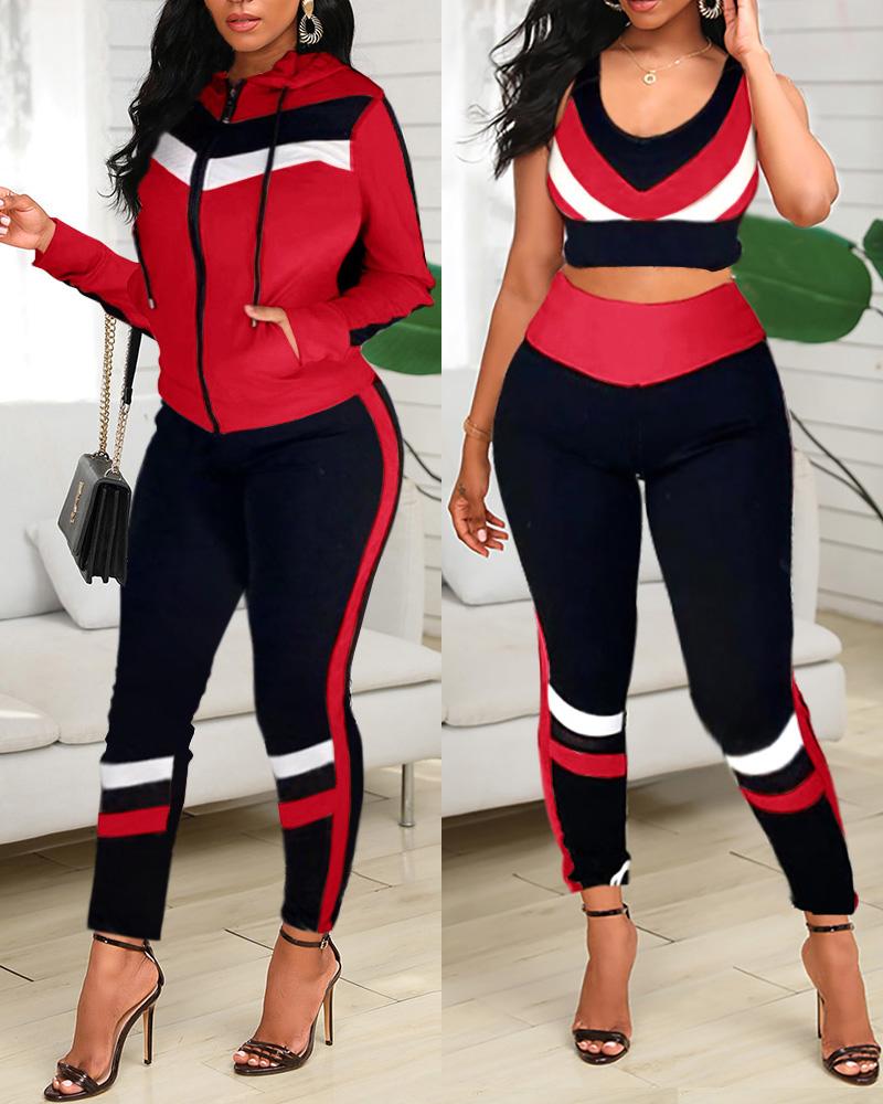 

Colorblock Crop Top & High Waist Pants & Hooded Coat Set, Red