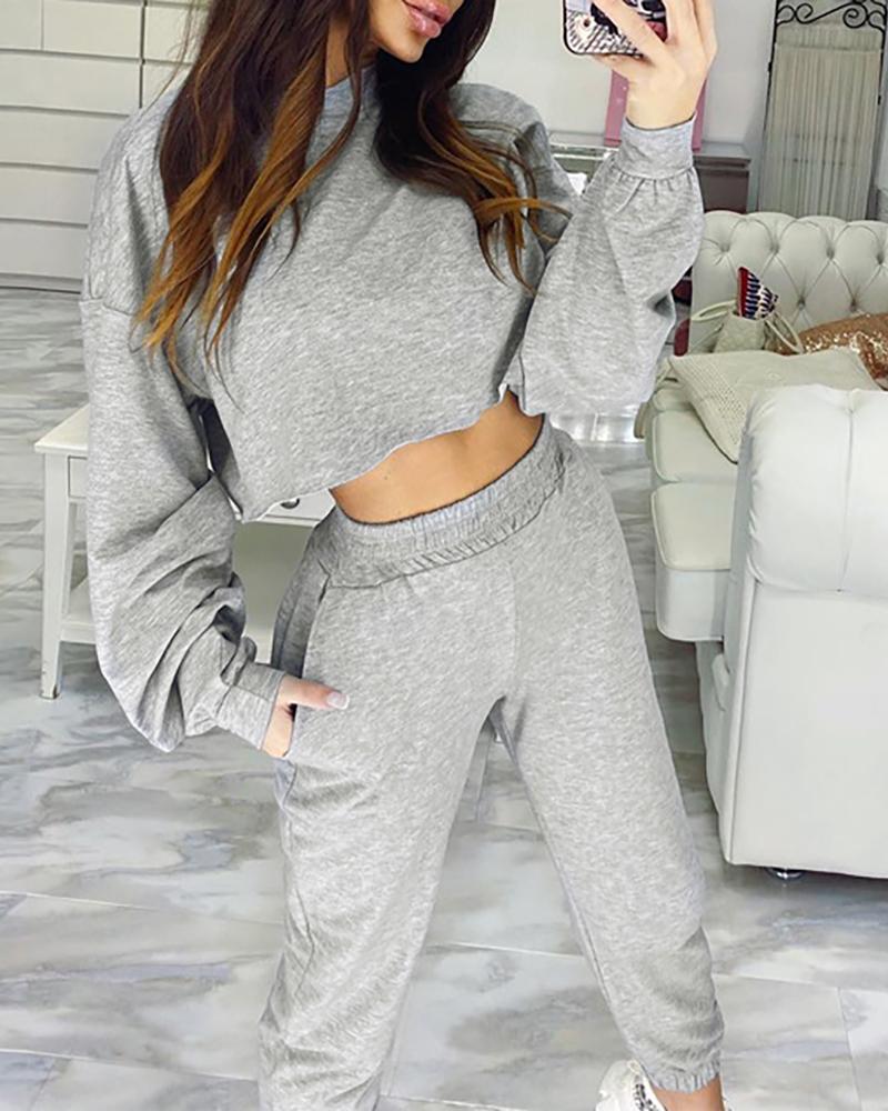 

Plain Long Sleeve Crop Top & Pocket Design Pants Set, Gray