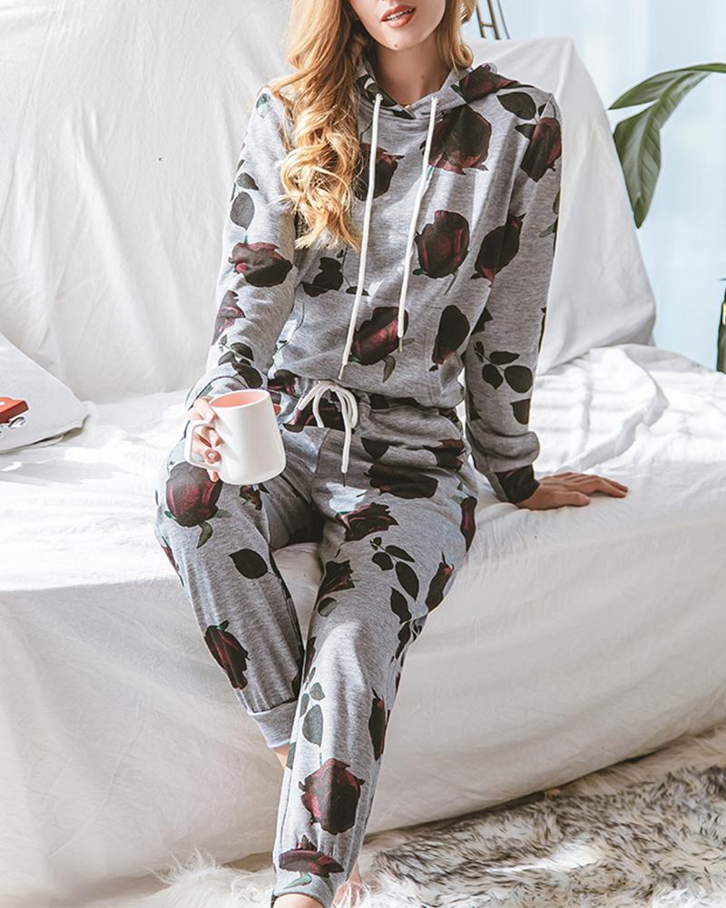 

Rose Print Long Sleeve Hooded Sweatshirt With Pants Suit Sets, Gray