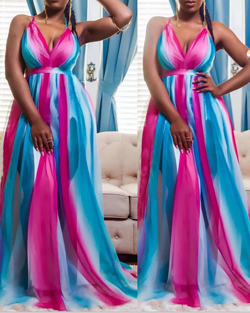 

Crisscross Backless Striped Ombre Colorblock Maxi Dress, Hot pink