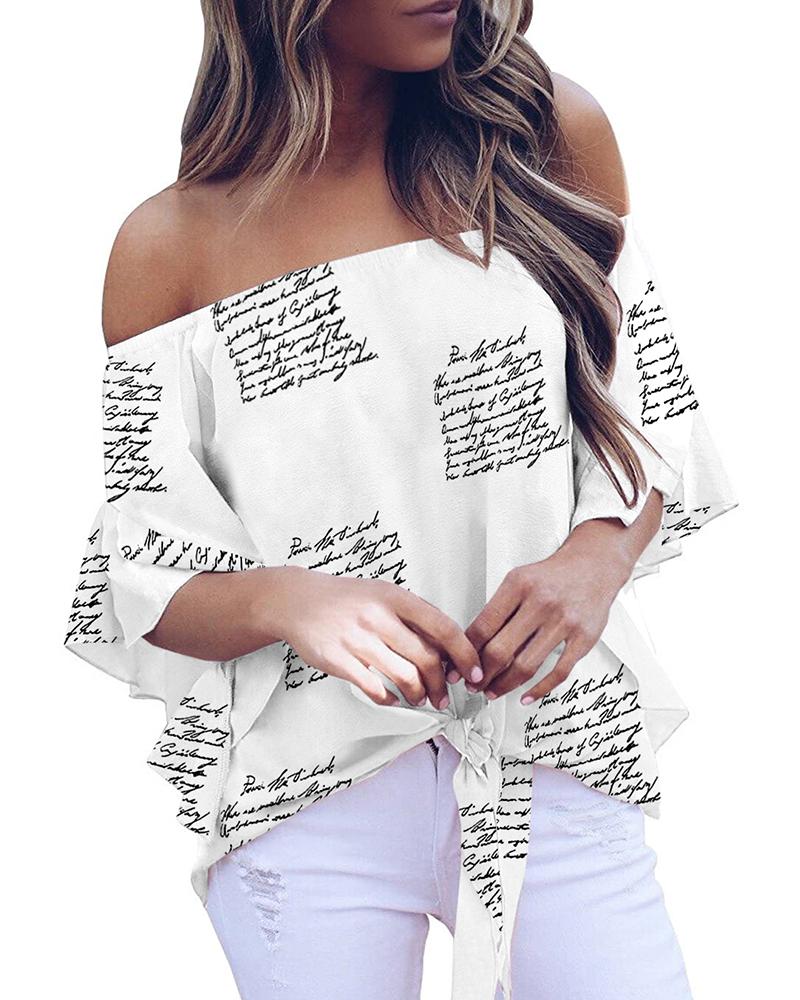 

Tie Knot Ruffles Letter Print Off Shoulder Top, White