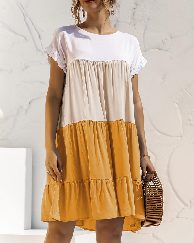 

Colorblock Frill Hem Short Sleeve Casual Dress, Yellow