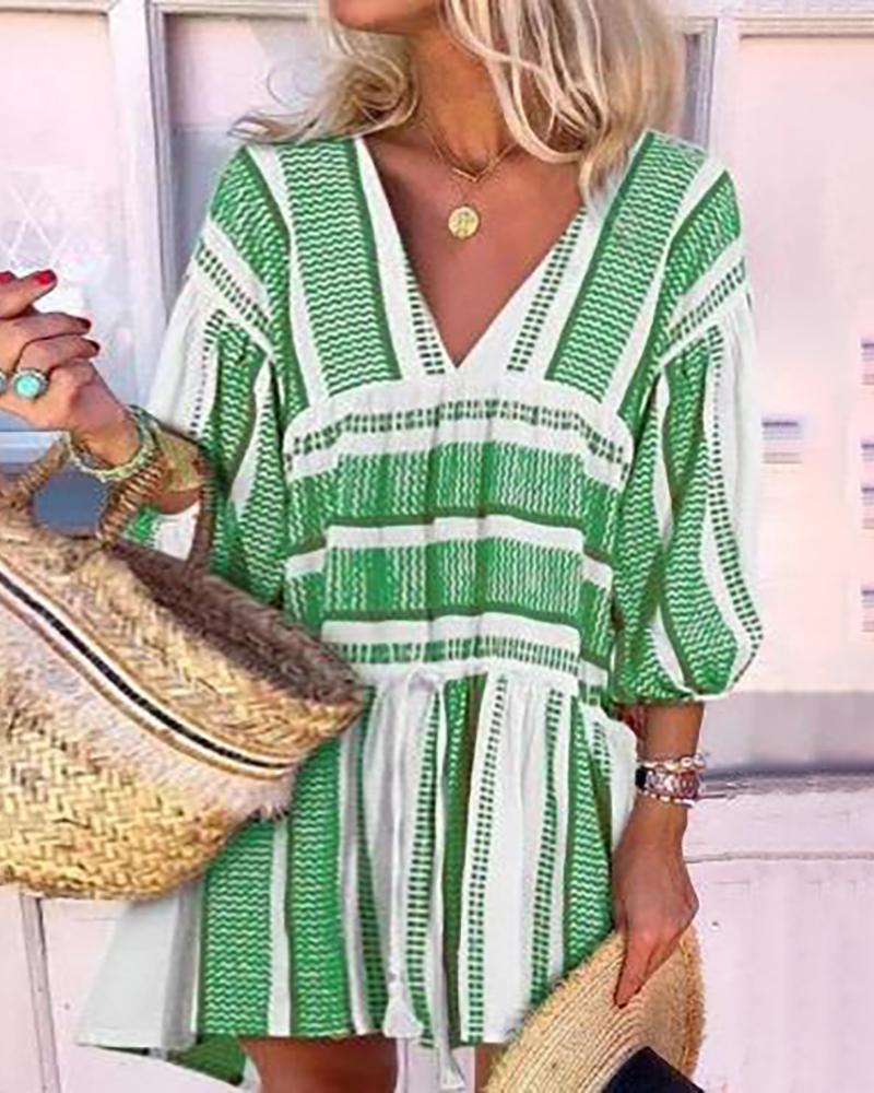 

Colorblock Lantern Sleeve Casual Dress, Green