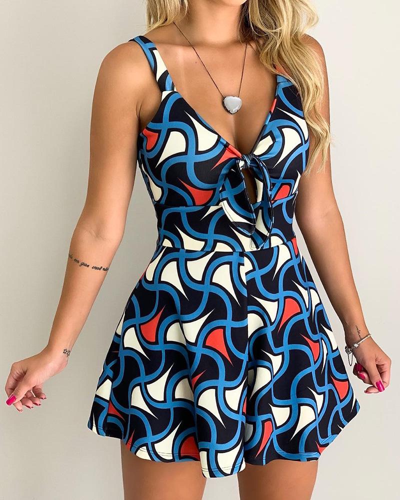 

Print Tied Front Casual Romper, Dark blue