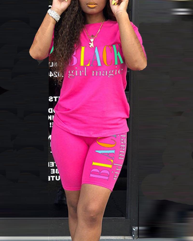

Letter Print T-shirt & Short Set, Hot pink