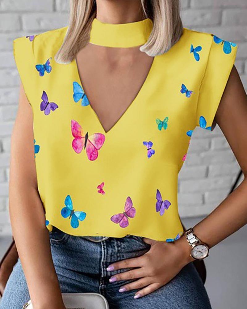 

Halter Cutout Front Butterfly Print Top, Yellow