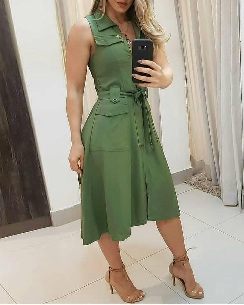 

Plain Sleeveless Pocket Design Shirt Dress With Belt, Army green