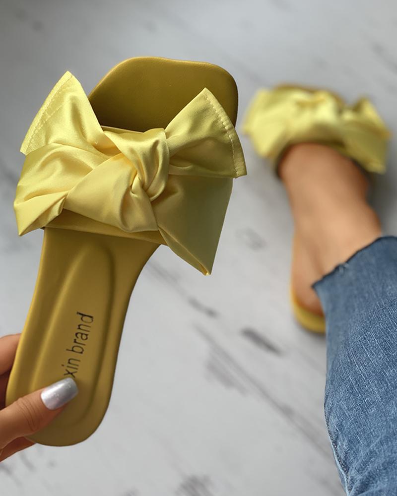 

Square Toe Bowknot Satin Flat Slider Sandals, Yellow